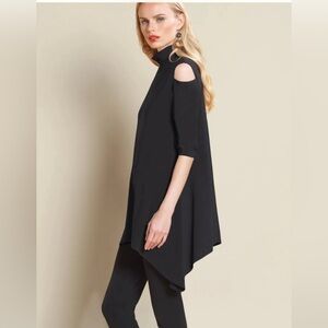 Clara Sun‎ Woo Black Mock Neck Cold Shoulder 1/2 Sleeve Knit Tunic Top Size XS